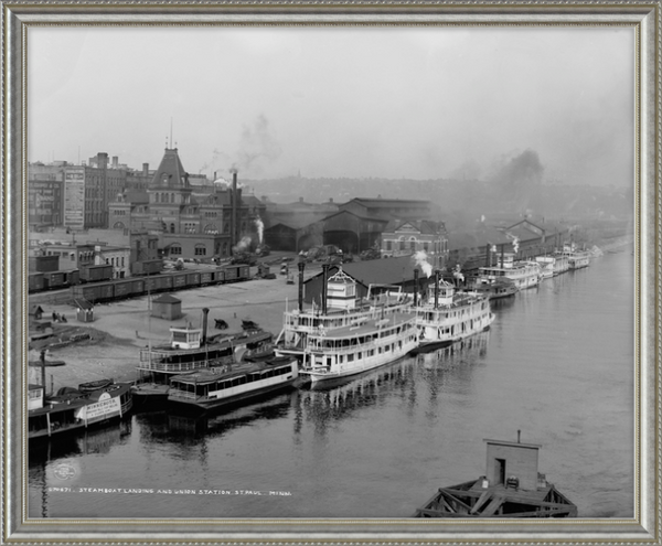 Steamboat Landing and Union Station, St. Paul, Minnesota, 1908 Custom Framed Print