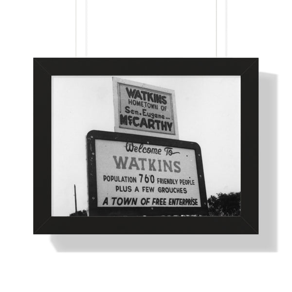 1970s Welcome Sign in Watkins, Minnesota, Home of Eugene McCarthy Framed Horizontal Poster