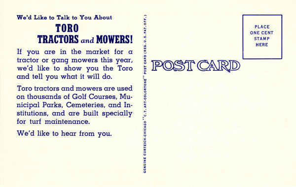 Toro Ad, Minneapolis, Minnesota, 1941 Postcard Reproduction
