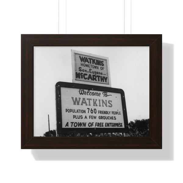 1970s Welcome Sign in Watkins, Minnesota, Home of Eugene McCarthy Framed Horizontal Poster