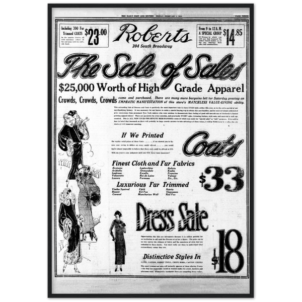 Roberts Clothing Store 1924 Ad Wooden Framed Poster