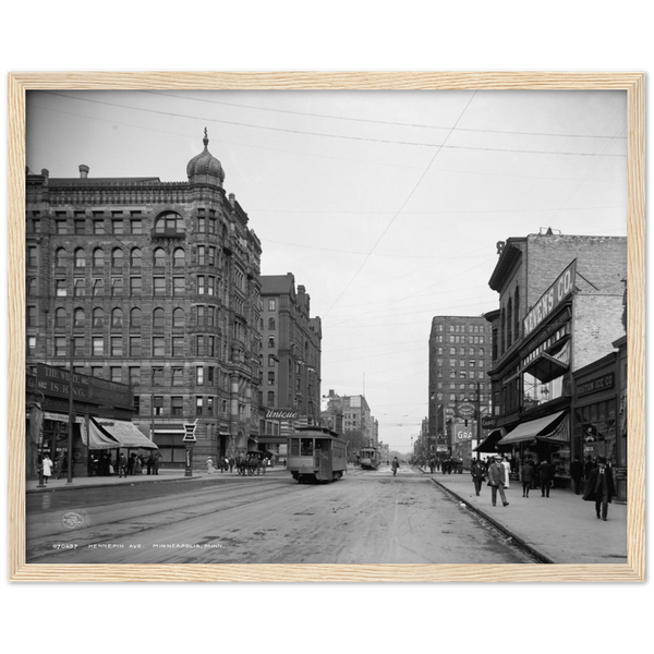 Hennepin Avenue in Downtown Minneapolis, Minnesota, 1908, Classic Semi-Glossy Paper Wooden Framed Poster