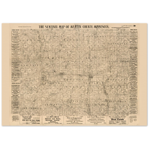 The Sentinel map of Martin County, Minnesota, 1901 Archival Matte Paper Poster
