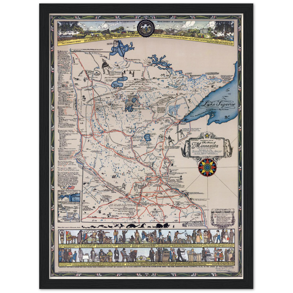 1931 Pictorial Map of Minnesota History Archival Matte Paper Wooden Framed Poster