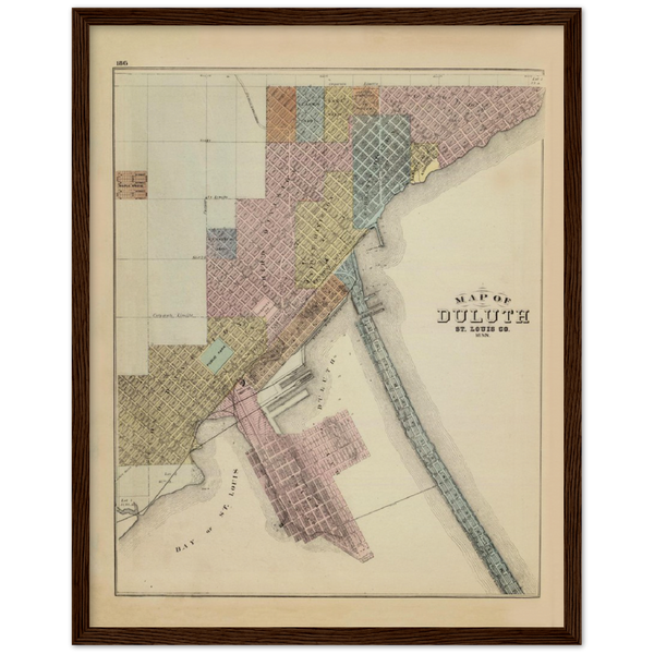1874 Map of Duluth, Minnesota Archival Matte Paper Wooden Framed Poster