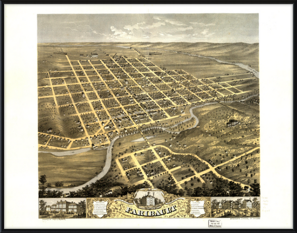 Bird's eye view of the city of Faribault, Rice County, Minnesota 1869 Framed Print