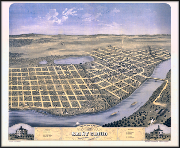 Birds-eye View of St. Cloud Minnesota 1869 Framed Print