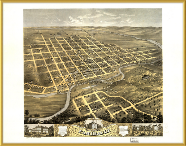 Bird's eye view of the city of Faribault, Rice County, Minnesota 1869 Framed Print