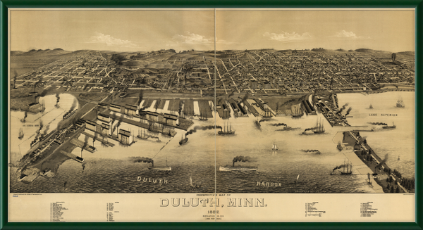 Panoramic Map of Duluth, Minnesota, 1887 Custom Framed Print