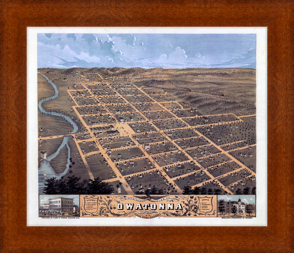 Birds Eye View of Owatonna Minnesota 1870 Custom Framed Print