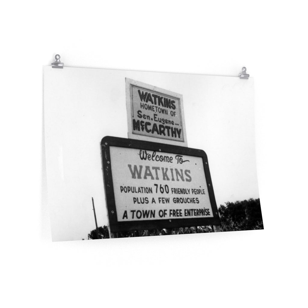 1970s Welcome Sign in Watkins, Minnesota, Home of Eugene McCarthy Premium Matte horizontal posters