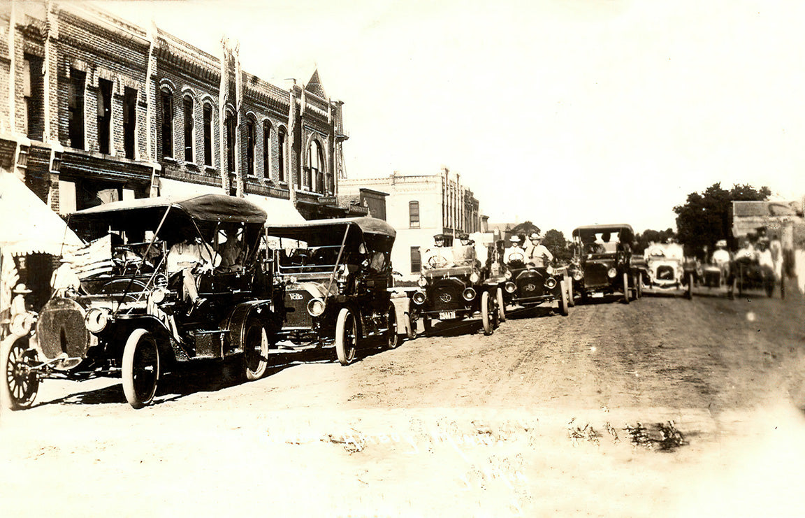 Street scene with many cars, Amboy, Minnesota, 1910 Print