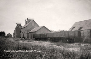 Depot and elevators, Amiret, Minnesota, 1911 Minnesota Postcard Reproduction