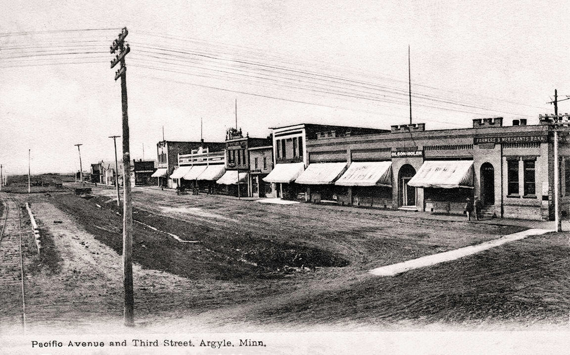 Pacific Avenue and 3rd Street, Argyle Minnesota, 1907 Postcard Reproduction