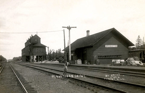 Elevator and Great Northern Depot, Brookston, Minnesota, 1920s Postcard Reproduction