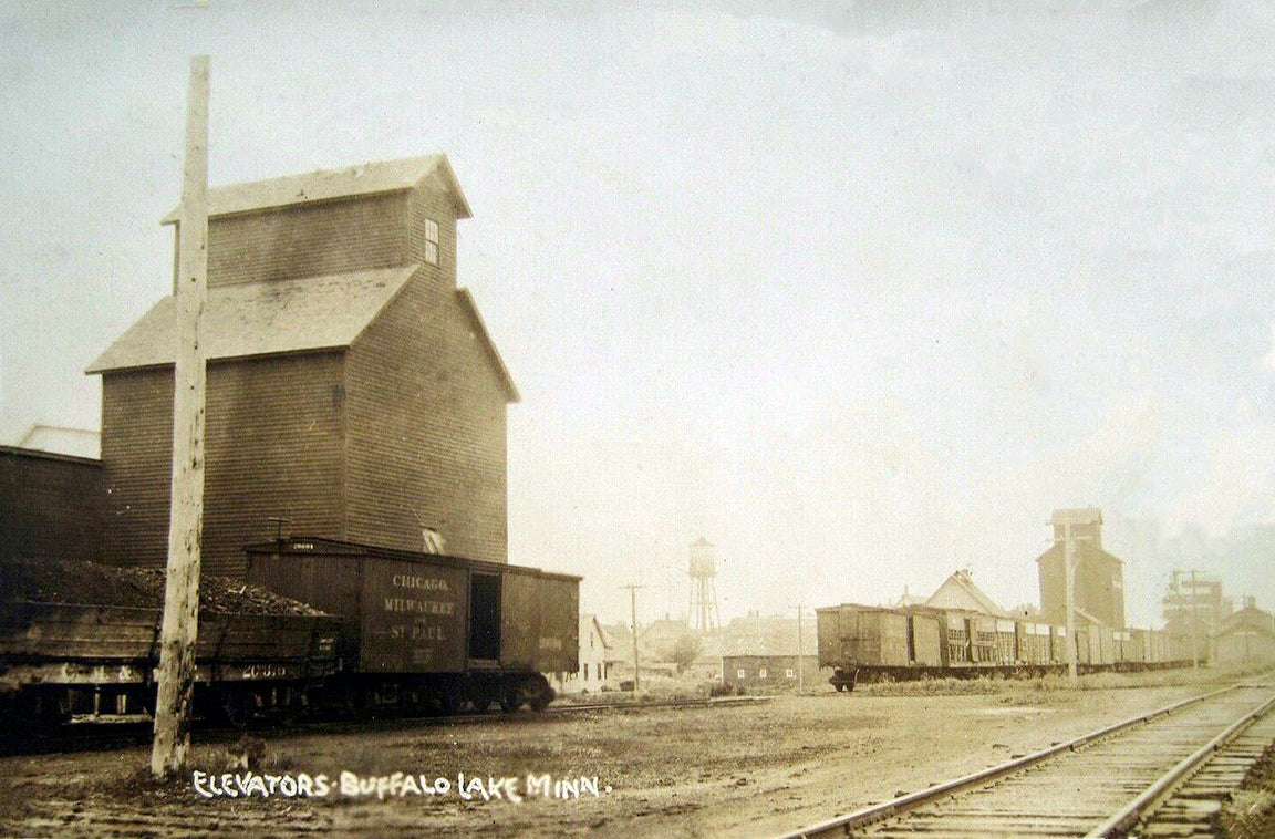Elevators and Train Tracks, Buffalo Lake, Minnesota, 1908 Postcard Reproduction