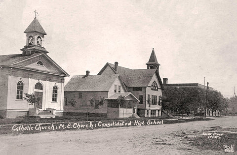 Catholic Church, Methodist Episcopal Church, Consolidated High School Deer River, Minnesota, 1910 Postcard Reproduction