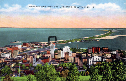 Birds-eye view from Skyline Drive, Duluth, Minnesota, 1940s Postcard Reproduction