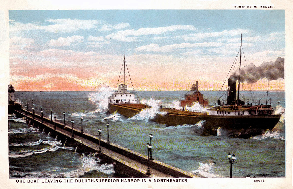 Ore Boat leaving Duluth Harbor in a northeaster, Duluth, Minnesota, 1920s Postcard Reproduction