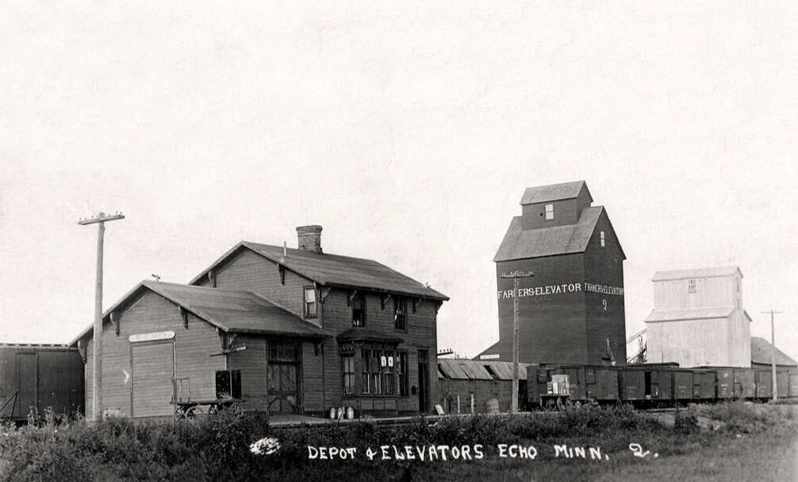 Minneapolis & St. Louis Railroad Depot and Elevators, Echo, Minnesota, 1915 Print