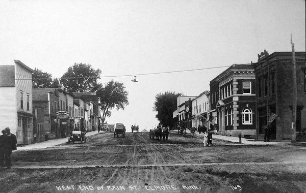 West end of Main Street, Elmore Minnesota, 1910s Postcard Reproduction