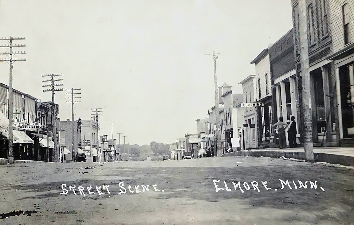 Street scene, Elmore Minnesota, 1910 Postcard Reproduction