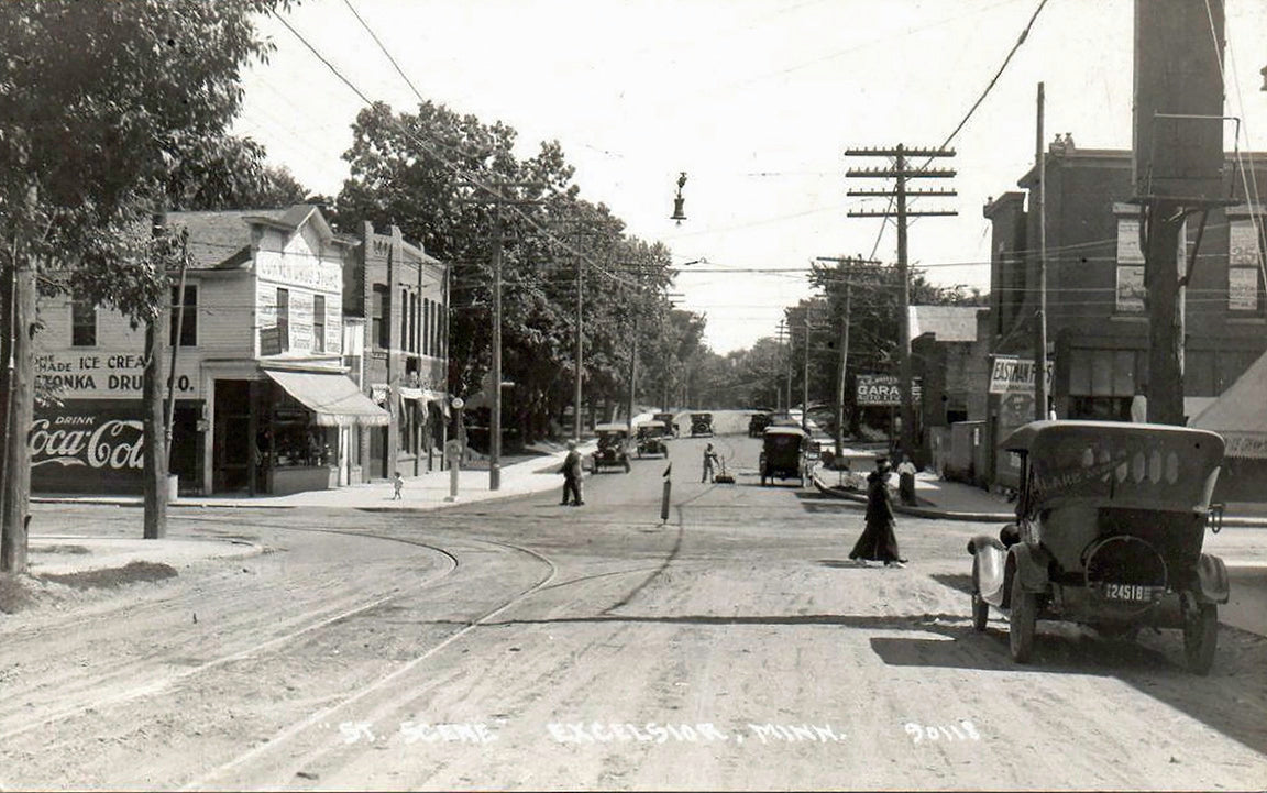 Street scene, Excelsior Minnesota, 1920s Postcard Reproduction