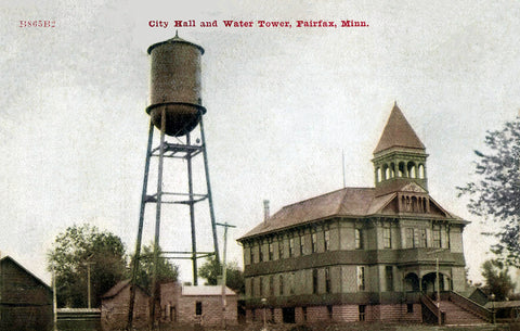 City Hall and water tower in Fairfax, Minnesota, 1909 Postcard Reproduction