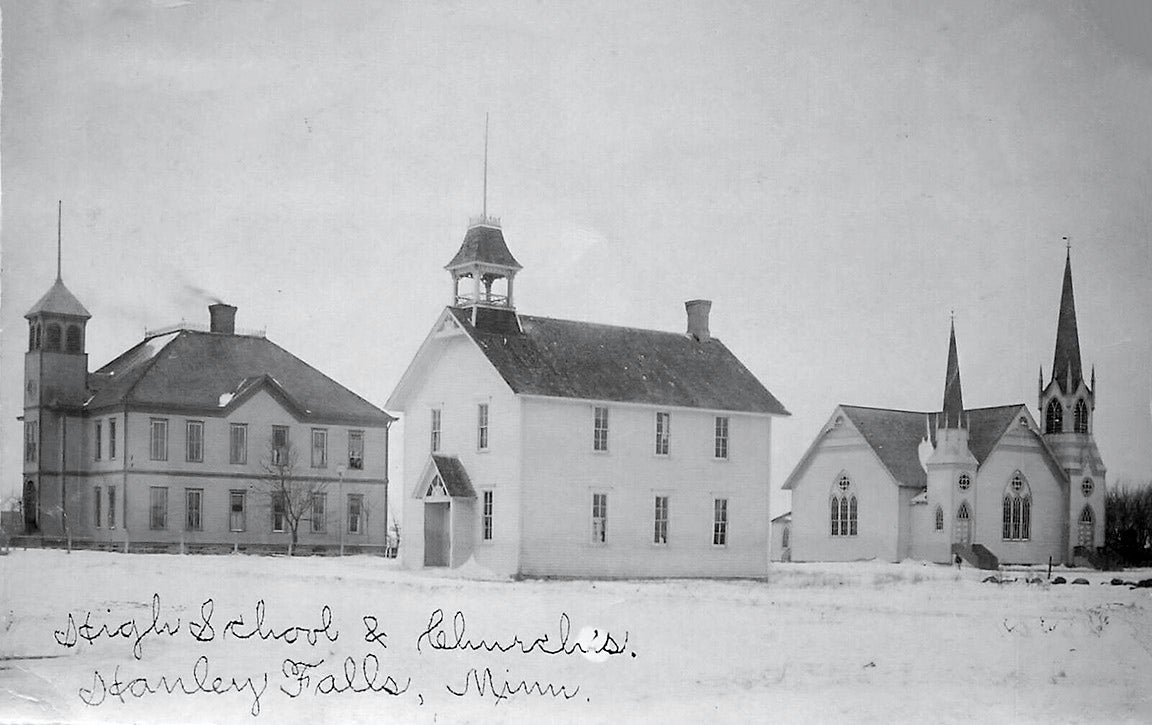 School and Churches, Hanley Falls, Minnesota, 1910 Print