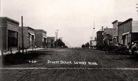 Street scene, Lowry Minnesota 1908 Postcard Reproduction