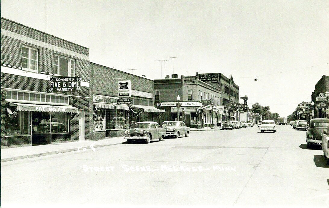 Street scene, Melrose, Minnesota, 1950s Postcard Reproduction