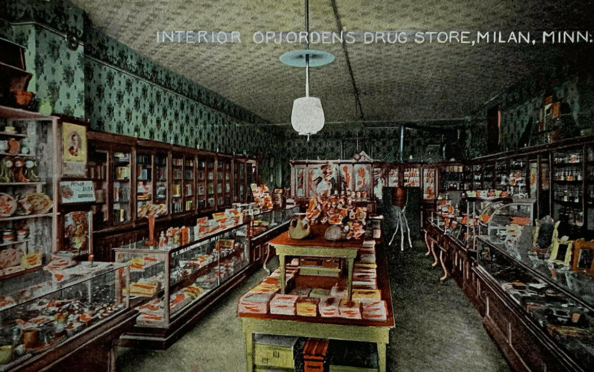 Opjorden's Drug Store in Milan, Minnesota, 1910s Postcard Reproduction
