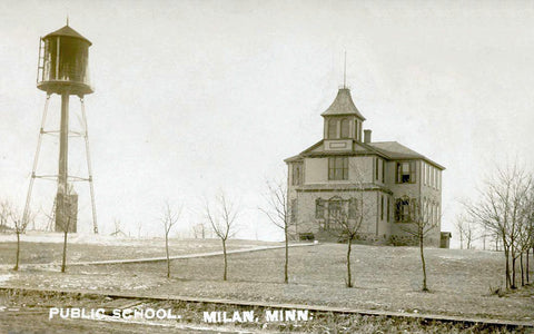 Public School and Water Tower, Milan, Minnesota, 1908 Postcard Reproduction