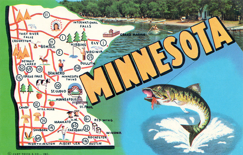Minnesota Map with Walleye Jumping Postcard Reproduction