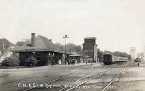 CM&StP Depot, Train, and Elevators, Montevideo, Minnesota, 1928 Print