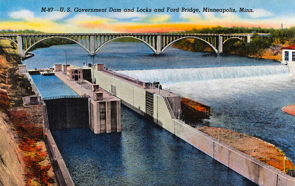 Lock and Dam with Ford Bridge in background, Minneapolis, Minnesota, 1942 Postcard Reproduction