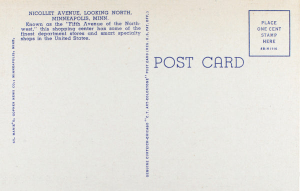 Nicollet Avenue looking north, Minneapolis, Minnesota, 1944 Postcard Reproduction