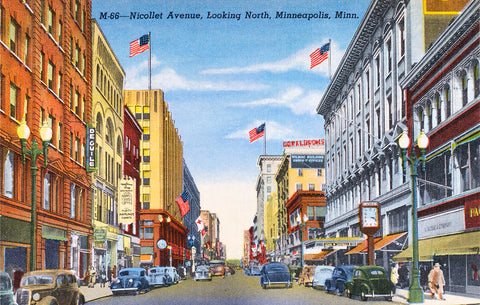 Nicollet Avenue looking north, Minneapolis, Minnesota, 1944 Postcard Reproduction