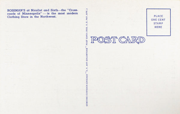 Rossman's Clothing Store, Minneapolis, Minnesota, 1941 Postcard Reproduction