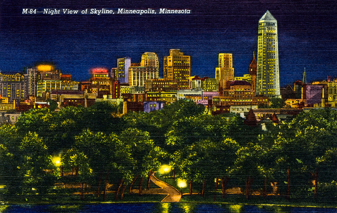 Night View of Skyline, Minneapolis, Minnesota, 1941 Postcard Reproduction