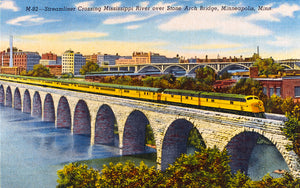 Train crossing Mississippi on Stone Arch Bridge, Minneapolis, Minnesota, 1943 Postcard Reproduction