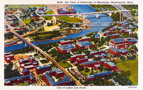 Aerial view, University of Minnesota, Minneapolis, Minnesota, 1942 Postcard Reproduction