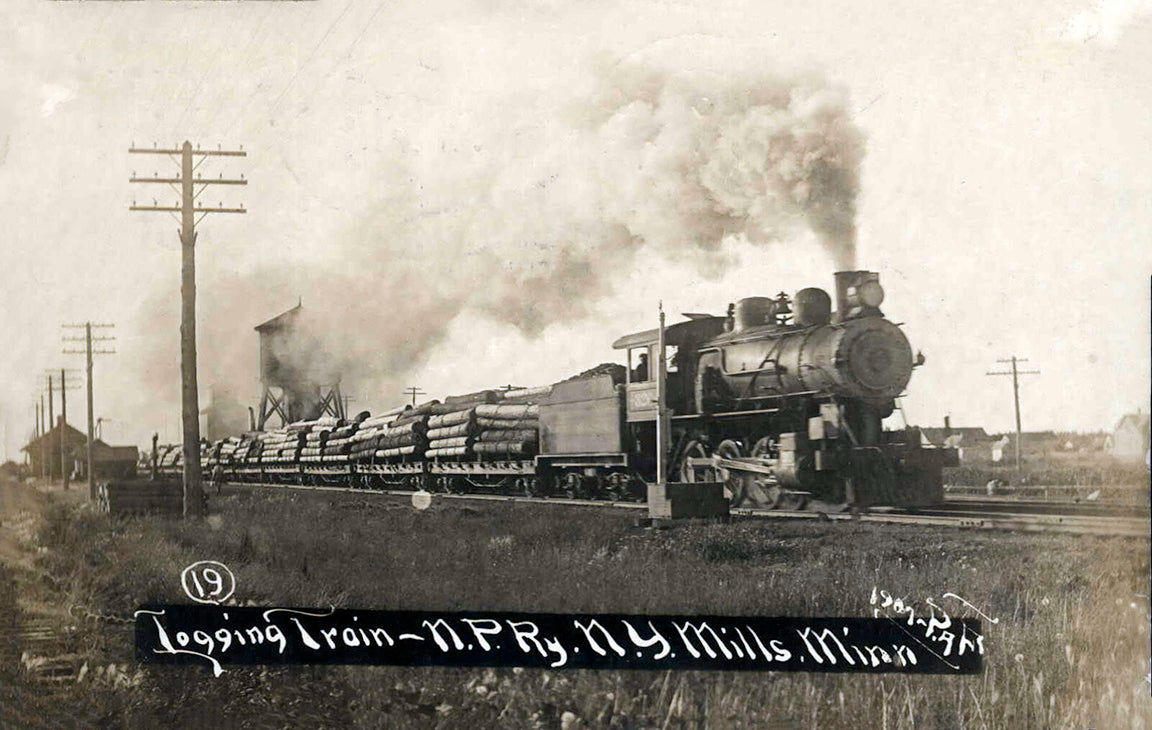 Logging Train, New York Mills, Minnesota, 1907 Postcard Reproduction