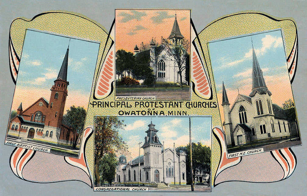 Protestant Churches of Owatonna Minnesota 1910s Postcard Reproduction