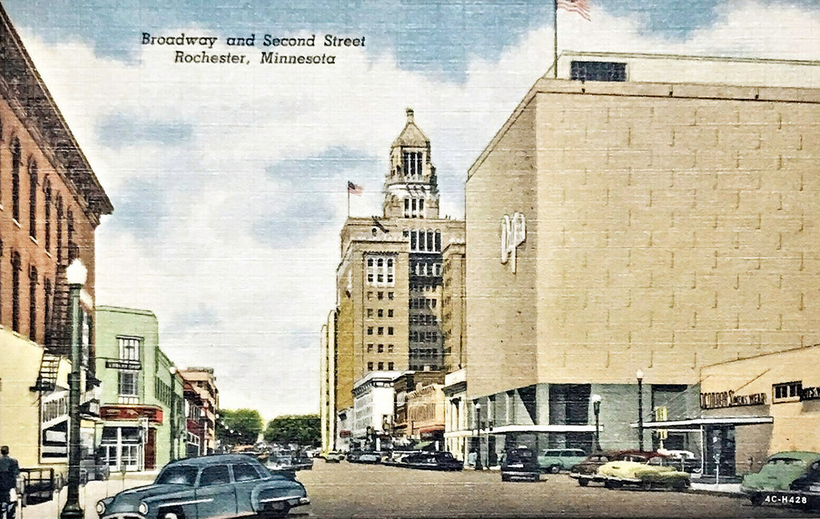 Second Street and Broadway in Rochester, Minnesota, 1954, Postcard Reproduction
