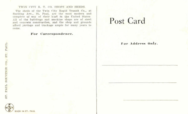 TCRT Streetcar Shops and Sheds, St. Paul, Minnesota, 1914 Postcard Reproduction