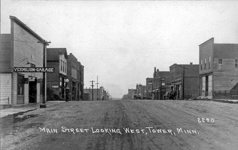 Main Street looking west, Tower, Minnesota, 1920s Postcard Reproduction