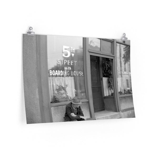 Man in Front of Minneapolis Boarding House, 1936, Premium Matte horizontal posters