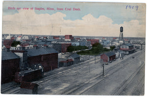 Birds-eye view of Staples, Minnesota, from Coal Dock, 1909 Postcard