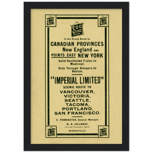 Soo Line Railroad Advertisement from 1900 Classic Matte Paper Wooden Framed Poster